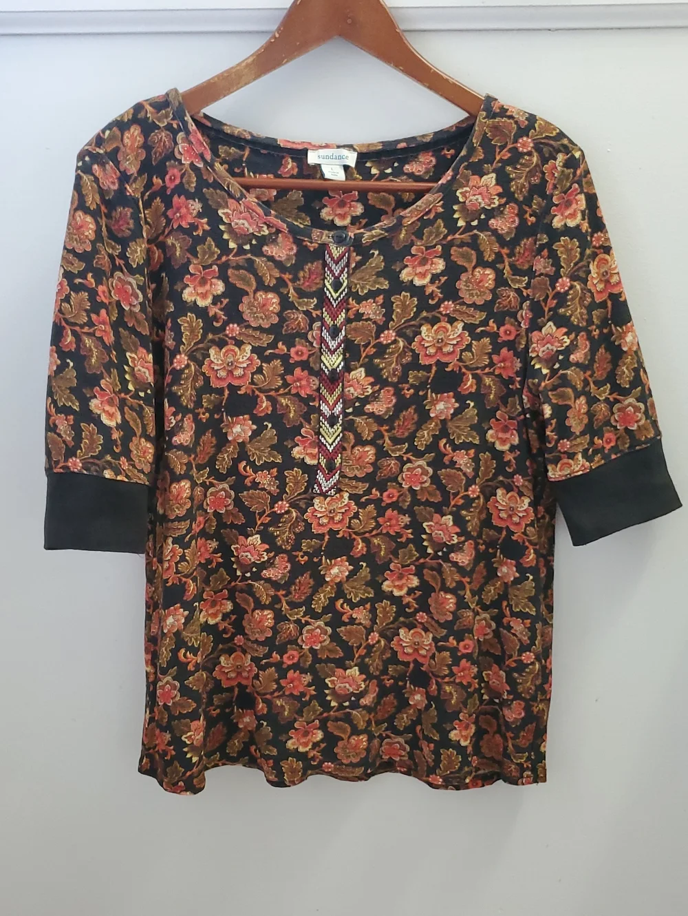 Sundance Cordelia Bloom Floral Print Thermal Henley Top Size Large Black Combo